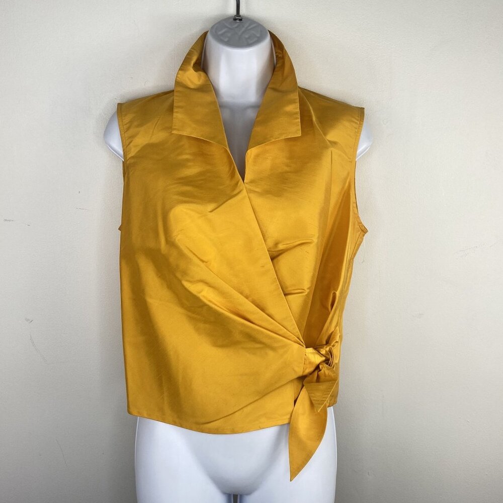 Coldwater Creek Womans Wrap Top Size M Petite Yellow Silk Sleeveless Tie Detail